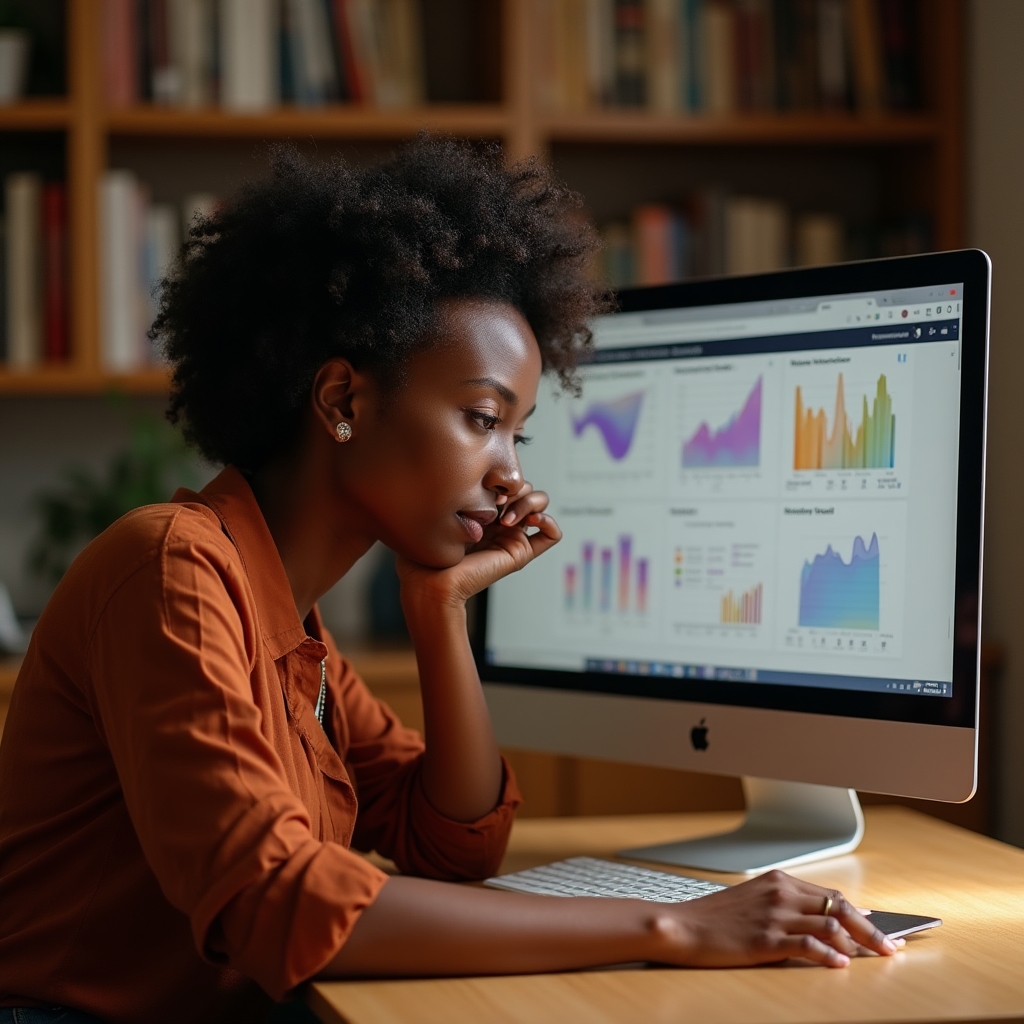 Small business owner in her mid-thirties reviewing YouTube analytics on a desktop computer in a warm-lit home office