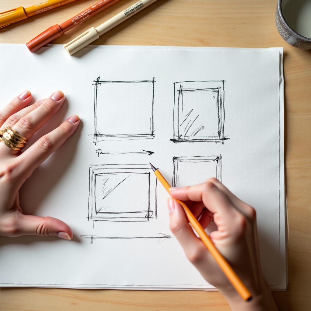 Close-up of hands sketching thumbnail layout ideas on paper with markers, bright colors, planning stage of YouTube content creation